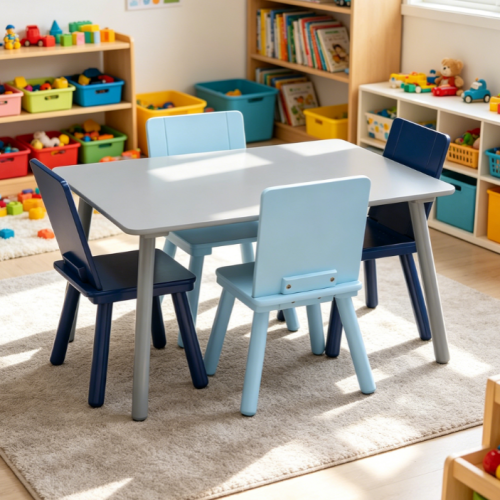 Grey and Blue Kids Table and Chair Set with 4 Chairs
